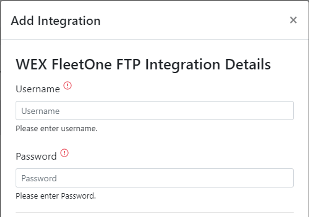 Screenshot showing the Wex FleetOne FTP credential entry form in Alvys Integrations