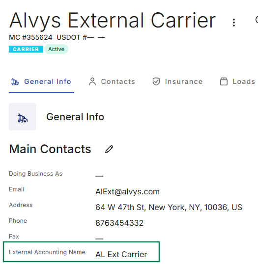 Displays a carrier's general contact profile with a green box spotlighting the assigned External Accounting Name ('AL Ext Carrier').