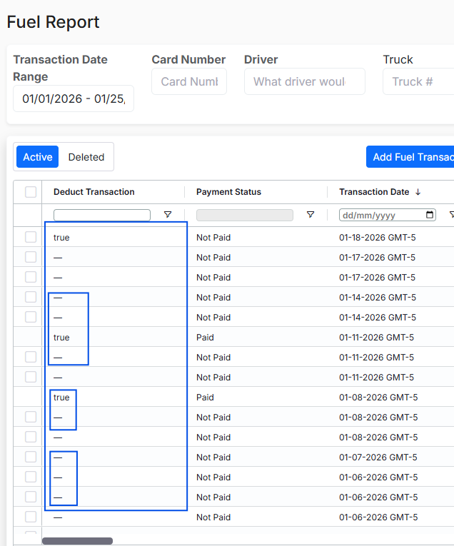 Image showing the Alvys Fuel Report with the Deduct Transaction highlighted