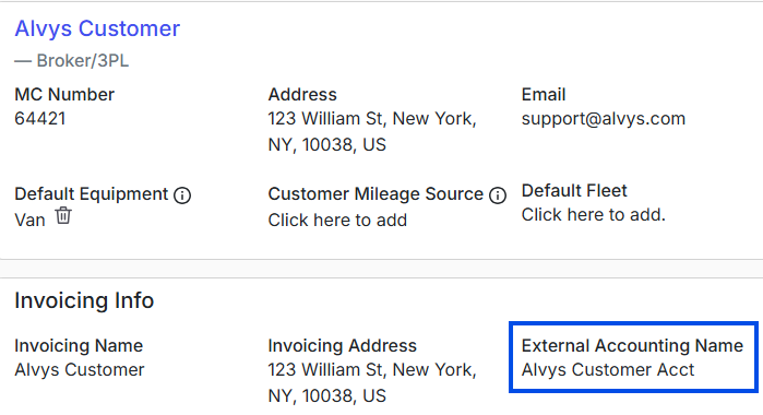 Image showing the External Accounting Name field on the Customer profile.