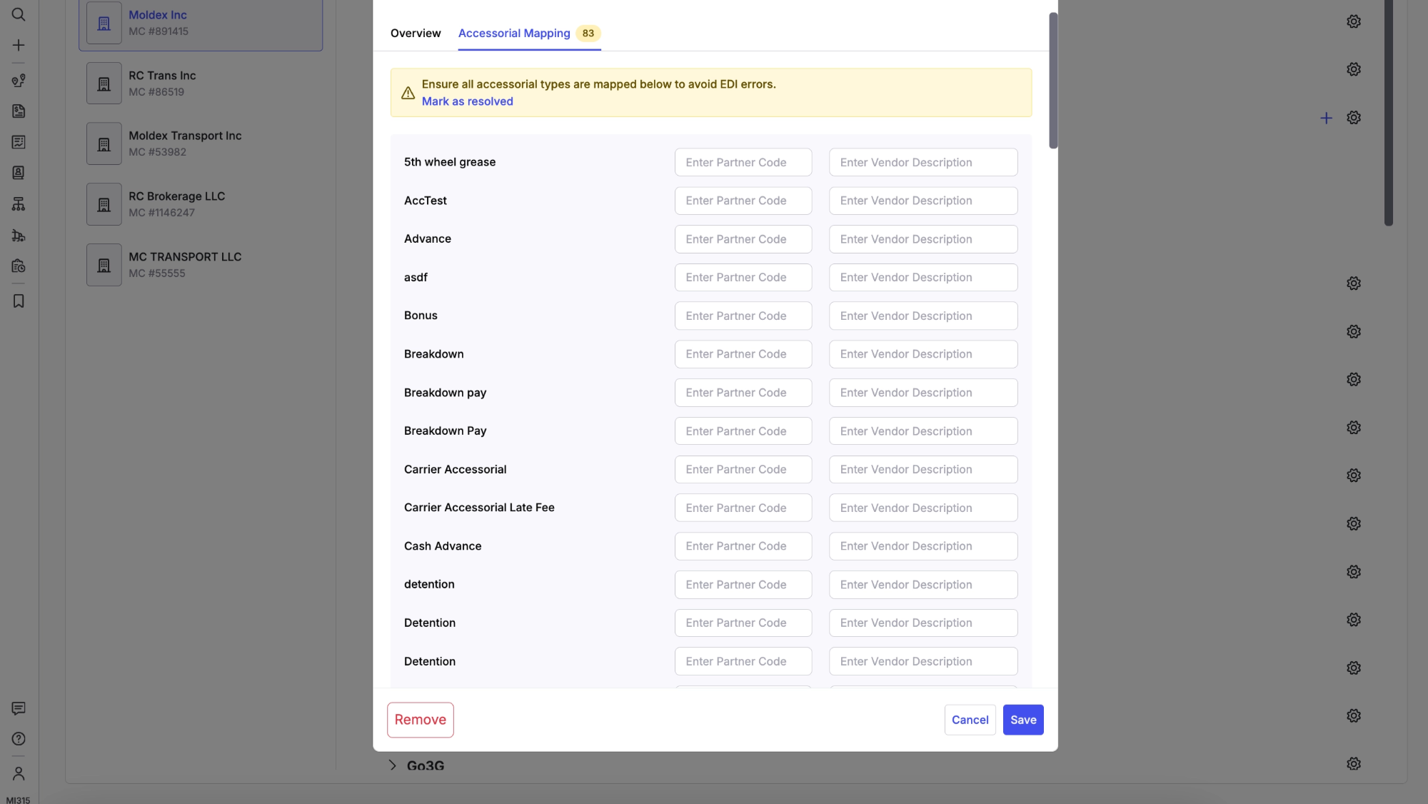 Screenshot showing the Accessorial Mapping section within an EDI partner settings panel.