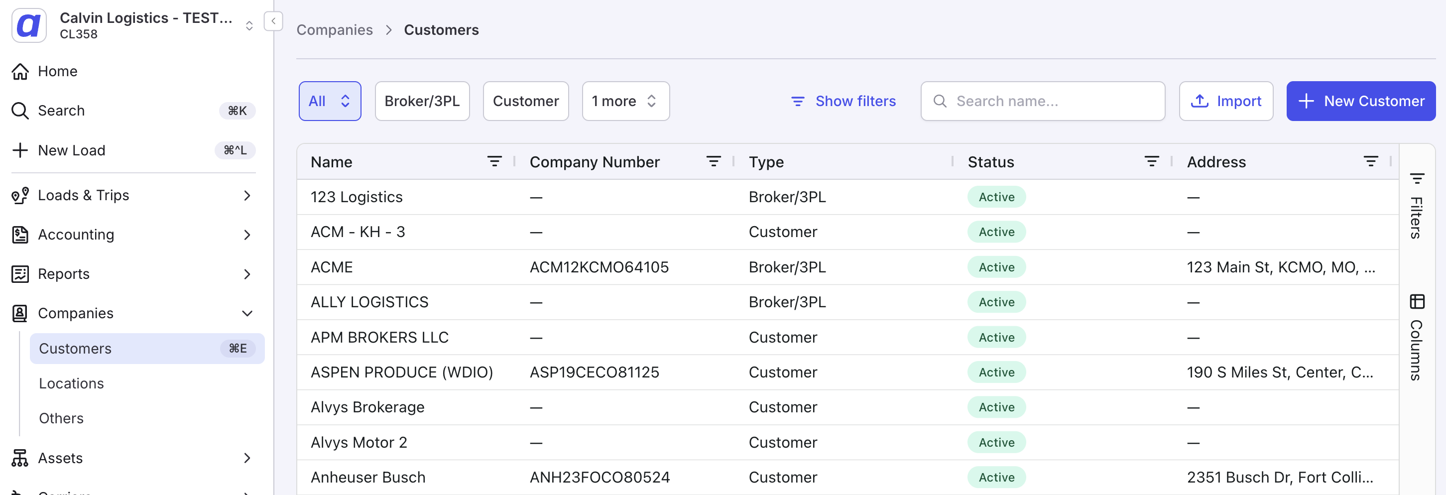 Screenshot showing the Companies page with the New Customer button visible in the top right.