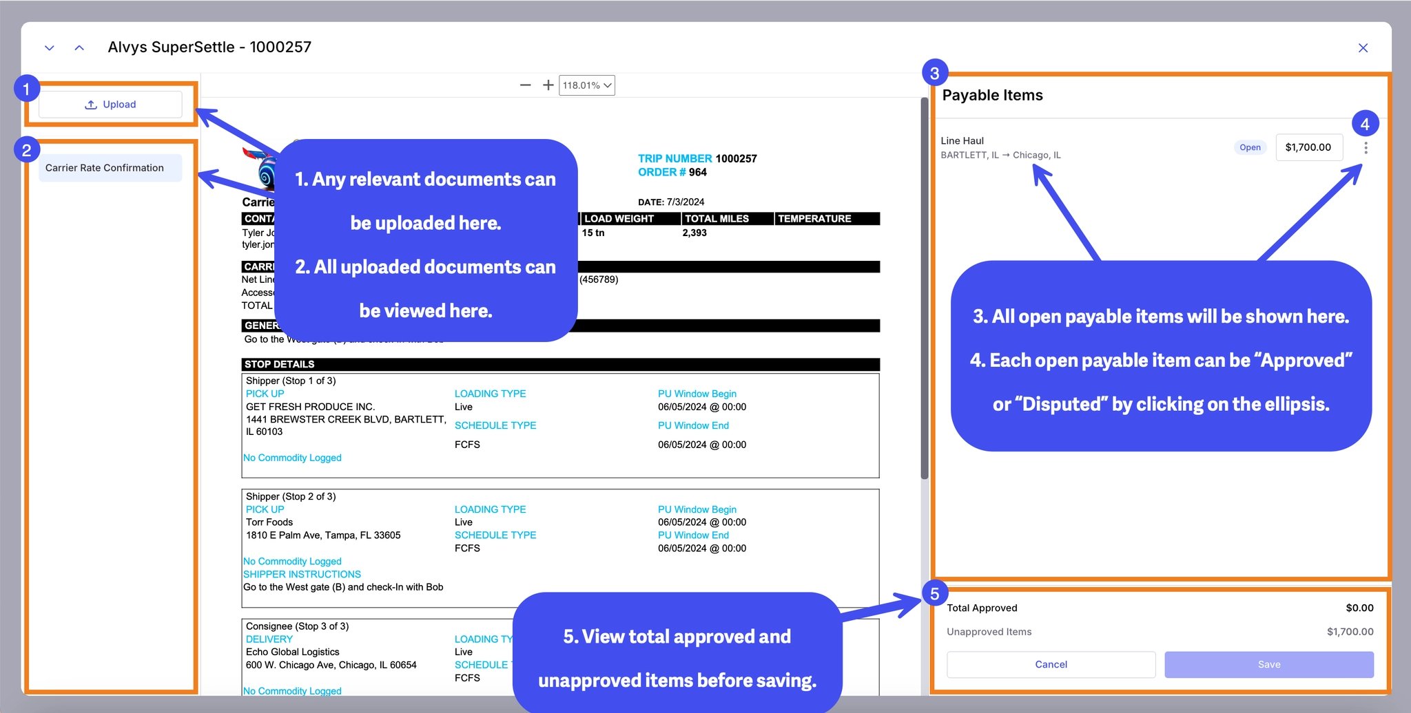 Super Settle View with payable items, document management, and the approval and dispute action buttons