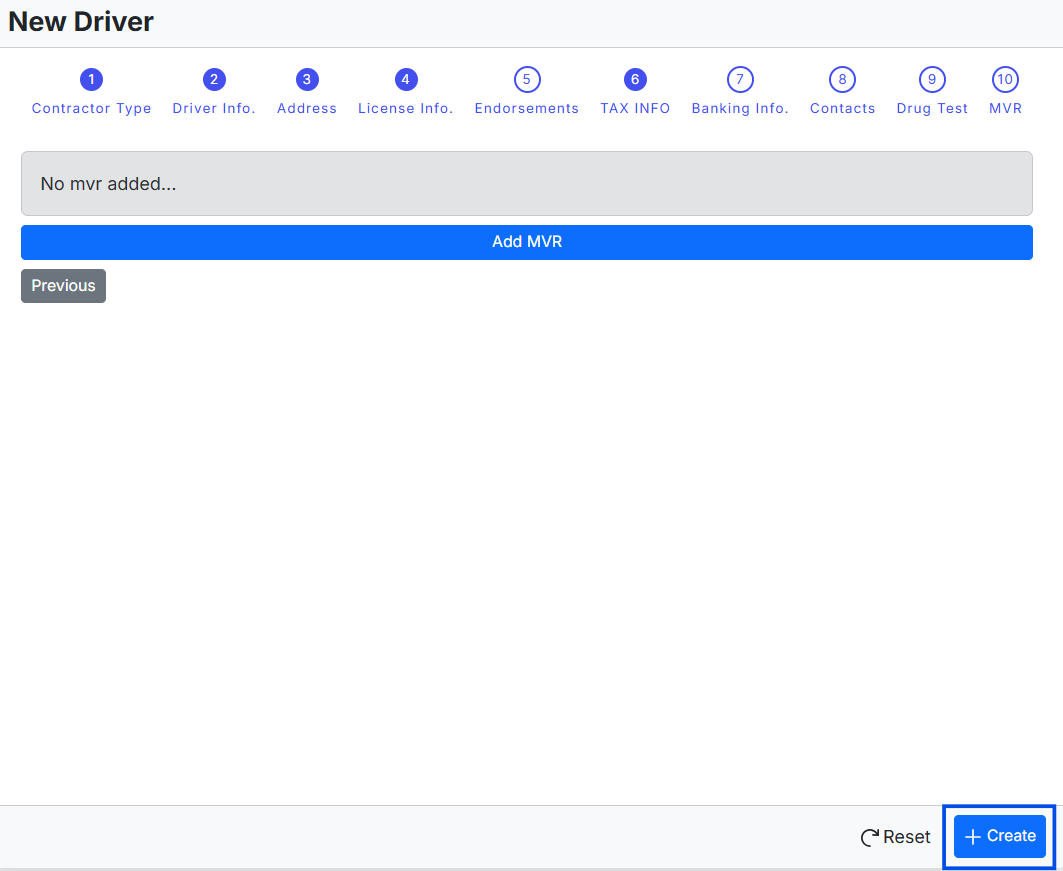 Image displaying the New Driver form with the “Create” button