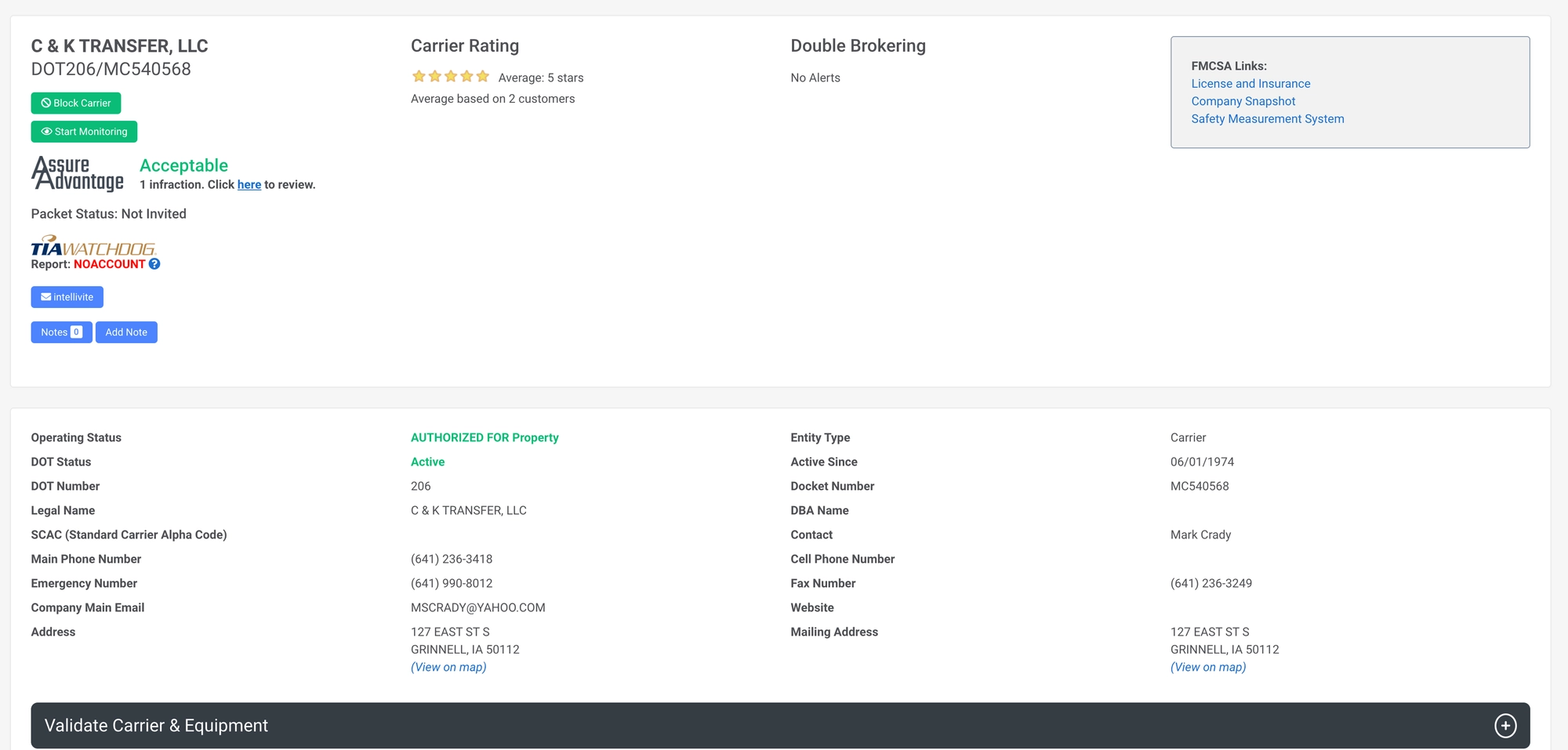 MyCarrierPackets carrier profile with the Start Monitoring button.