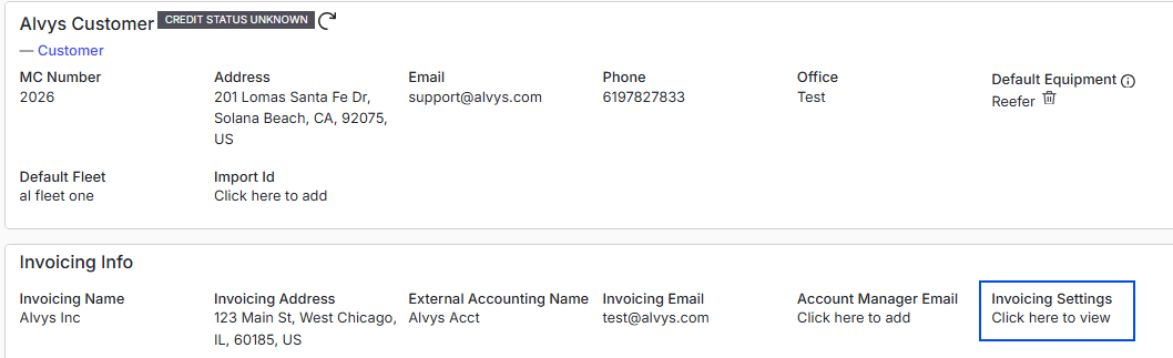 Where to find invoice settings on the customer profile.