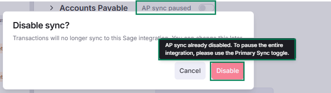 Displays a 'Disable sync?' confirmation modal alerting the user that AP sync is already disabled, highlighting the final Disable confirmation action.