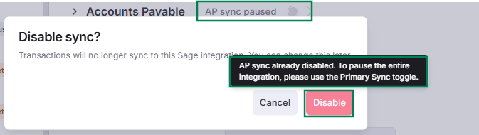 Displays a 'Disable sync?' confirmation modal alerting the user that AP sync is already disabled, highlighting the final Disable confirmation action.