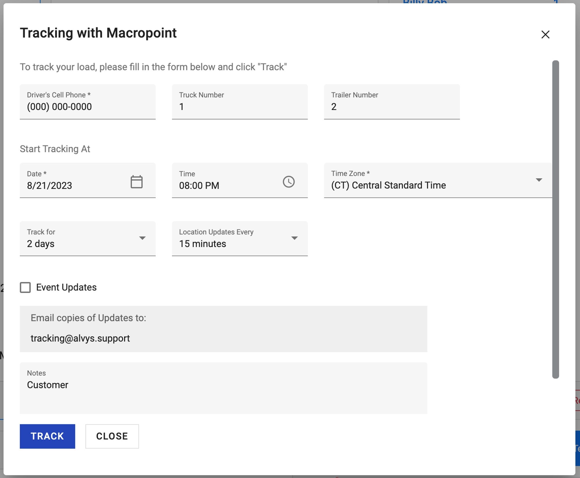 Image showing Tracking request form
