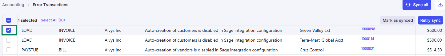Re-syncing transactions with Retry sync and Mark as synced
