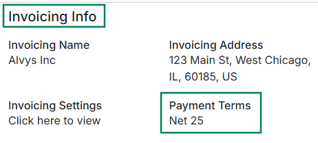 Features the Invoicing Info panel emphasizing the Payment Terms field which is set to 'Net 25'.