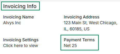 Features the Invoicing Info panel emphasizing the Payment Terms field which is set to 'Net 25'.