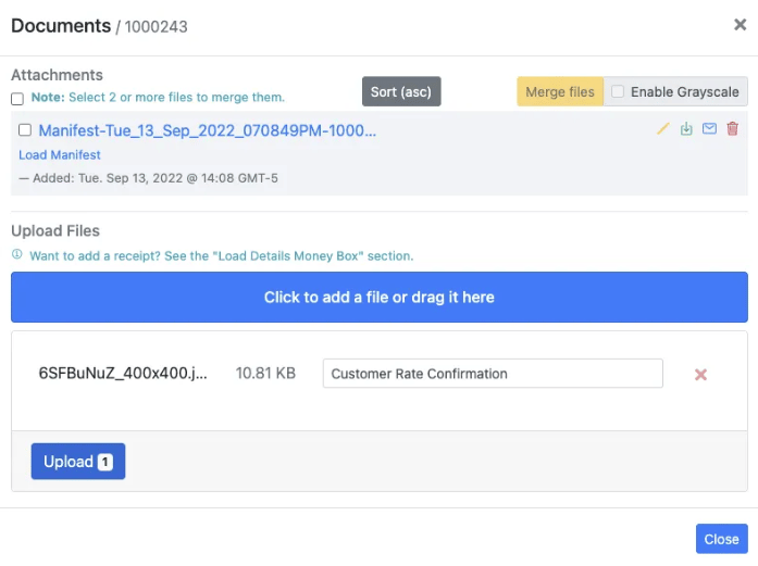 Document upload panel for attaching TONU confirmation files e.g. Rate confirmation