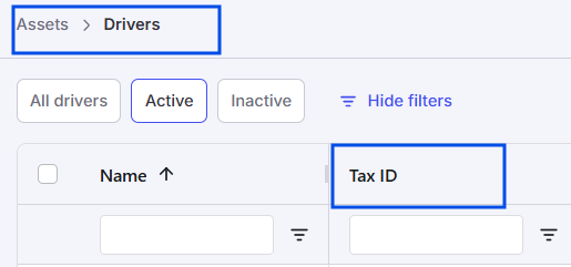 Driver list showing the Tax Identification Number column