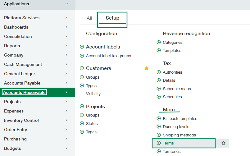 Illustrates system navigation within the Accounts Receivable setup tab, highlighting the path to configure billing Terms.