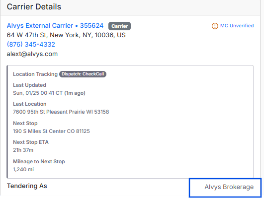 Shows carrier dispatch metrics with a blue outline highlighting that the load is being Tendered As Alvys Brokerage.