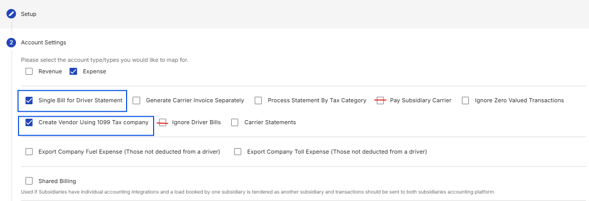 eatures blue boundaries highlighting a joint setup enabling both Single Bill for Driver Statement and Create Vendor Using 1099 Tax company.