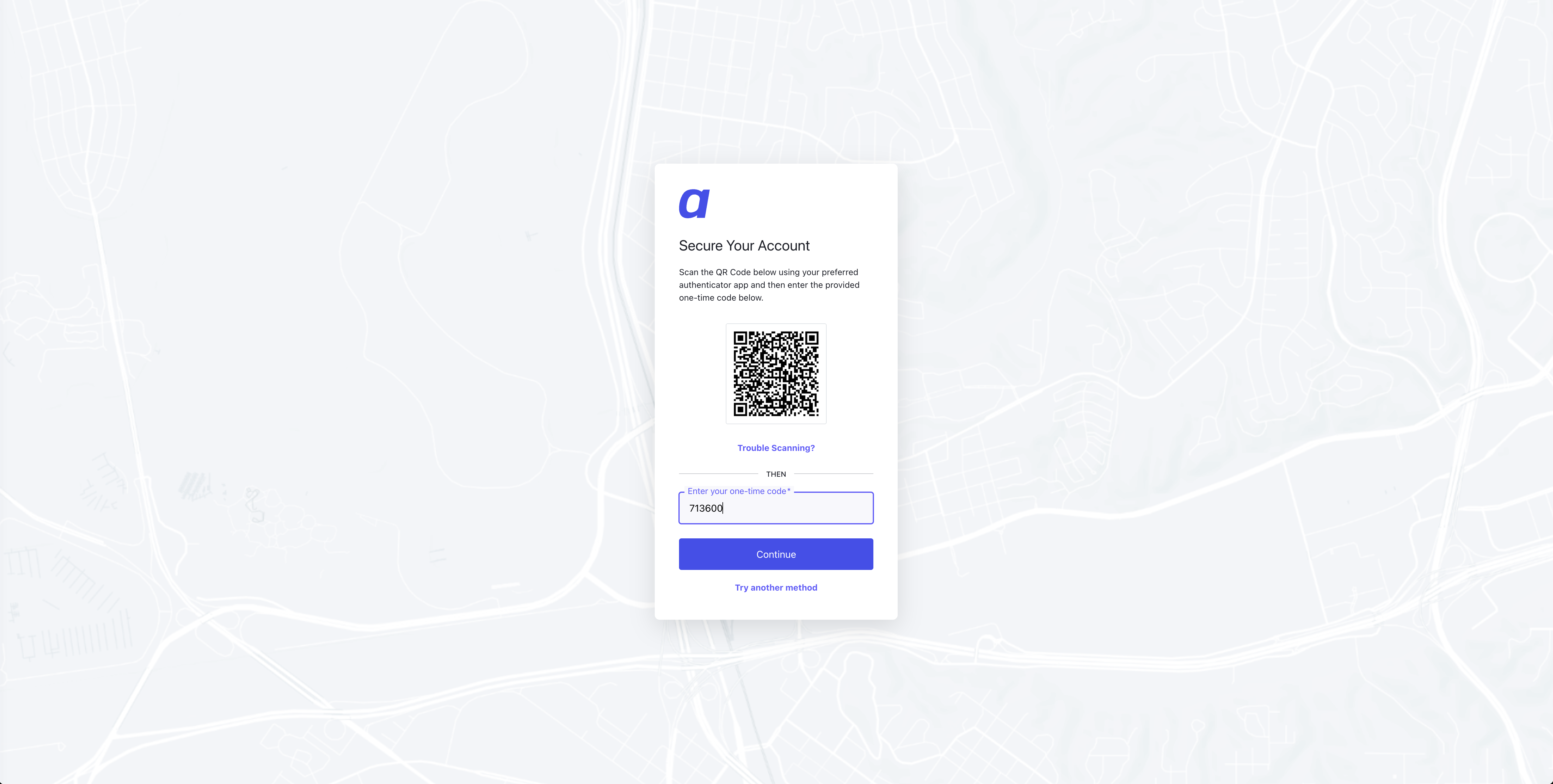 QR code scan screen shown during authenticator app setup in Alvys.