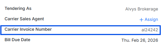 Image showing carrier invoice number on load details page