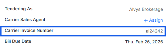 Image showing carrier invoice number on load details page