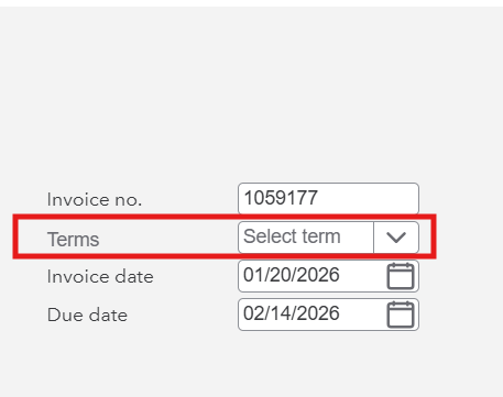 Shows a QBO invoice with a red box emphasizing the Terms dropdown row.