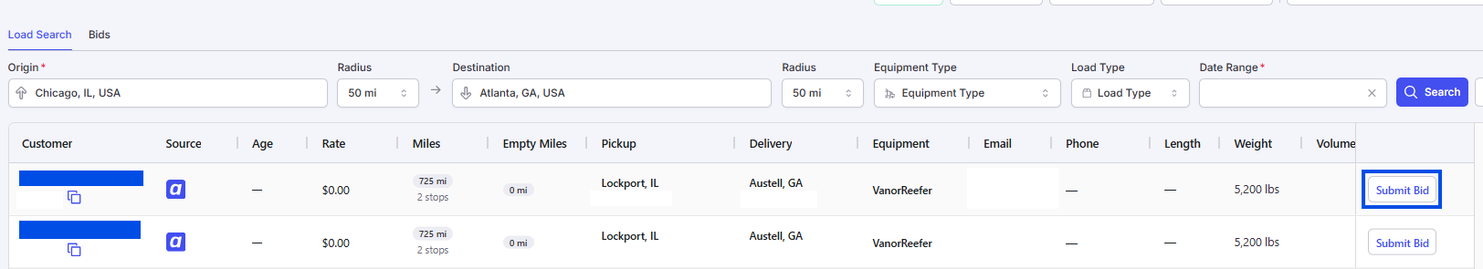 Submit Bid button in marketplace table row.