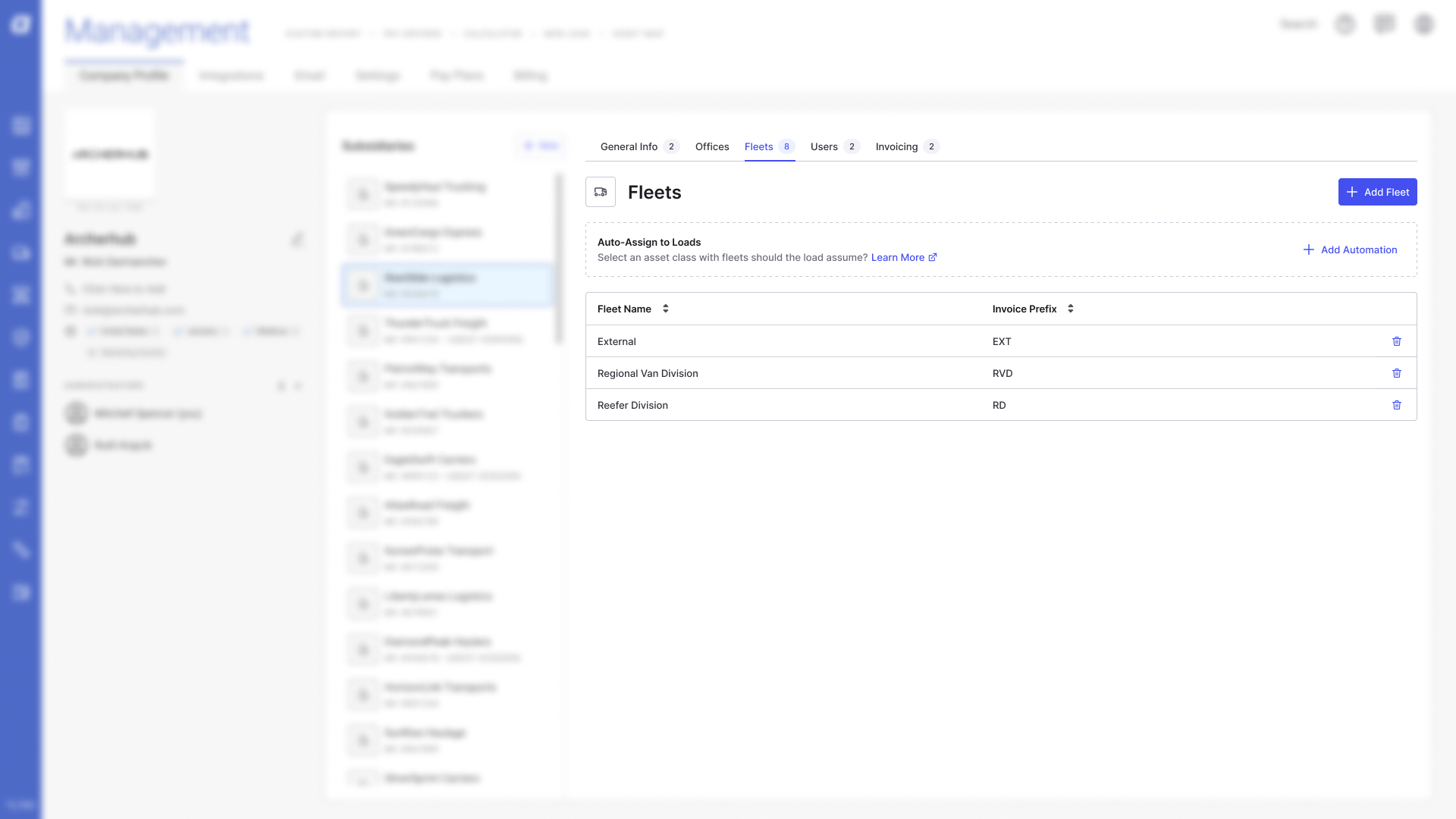 The Auto-assign to loads banner on the Fleets page with the Add Automation button.