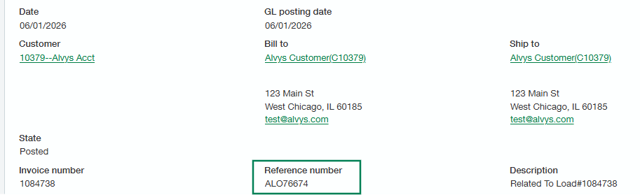 Displays a breakdown panel from the invoice transaction view with a green box outlining the specific mapped Reference number ('ALO76674').