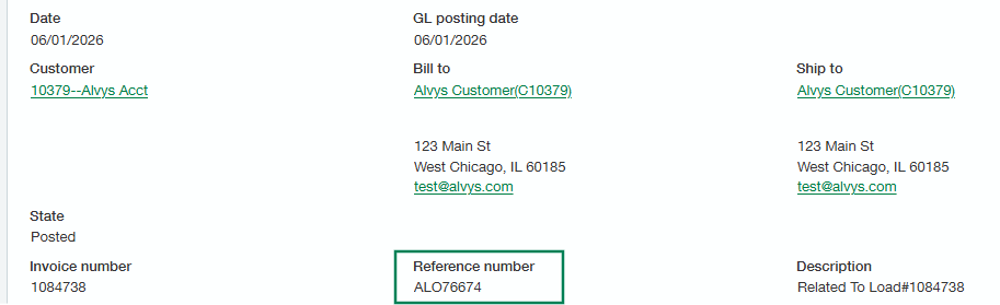 Displays a breakdown panel from the invoice transaction view with a green box outlining the specific mapped Reference number ('ALO76674').
