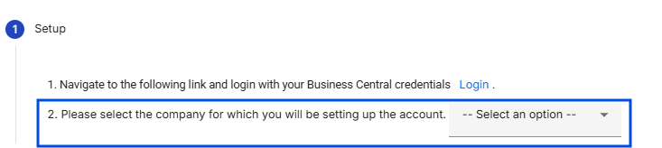 Features step 2 of the integration wizard with a blue box focusing on the company selection dropdown field.