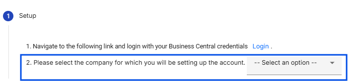 Features step 2 of the integration wizard with a blue box focusing on the company selection dropdown field.