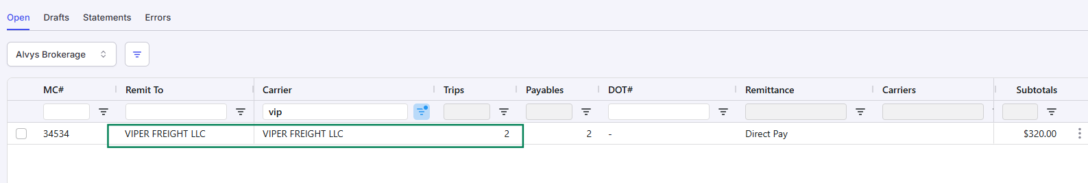 Features a filtered open payables list with a green box highlighting a row for VIPER FREIGHT LLC showing two pending trips.