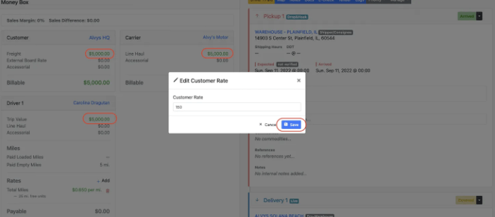 Money Box panel showing the Customer Rate and Carrier Line haul amount entry field