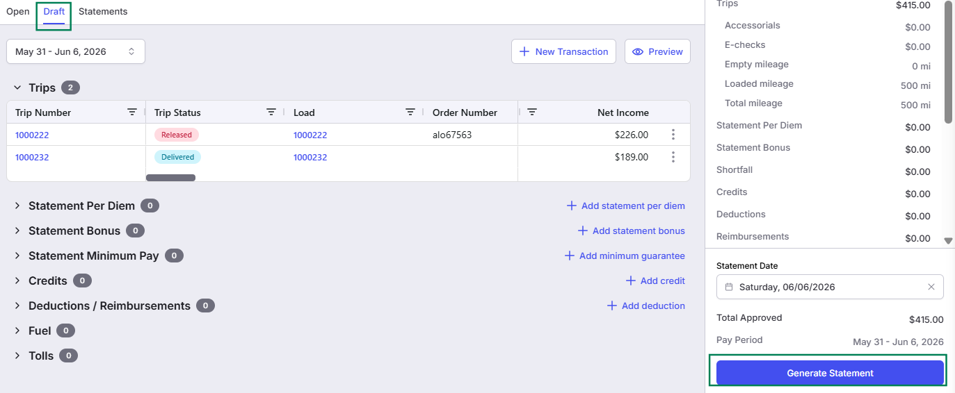 Displays the finalized payroll calculation summary sheet, highlighting the Approve 3 Items action button to process the driver's statement.