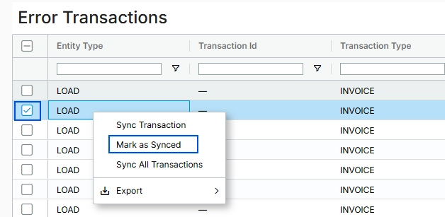 Screenshot showing the Sync Transaction and Mark as Synced context menu options on the Error Transactions page.