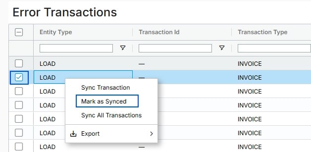 Screenshot showing the Sync Transaction and Mark as Synced context menu options on the Error Transactions page.