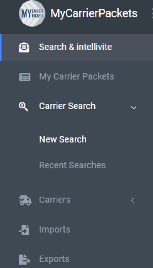 MyCarrierPackets Carrier Search page in the left sidebar.