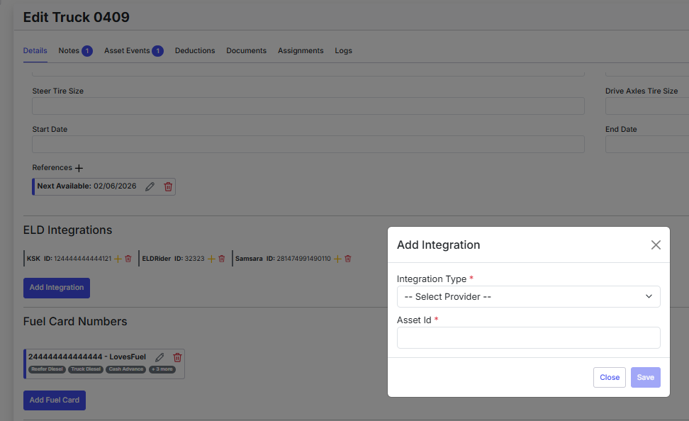 Add Integration window with GeoTab selected and Integration ID field filled