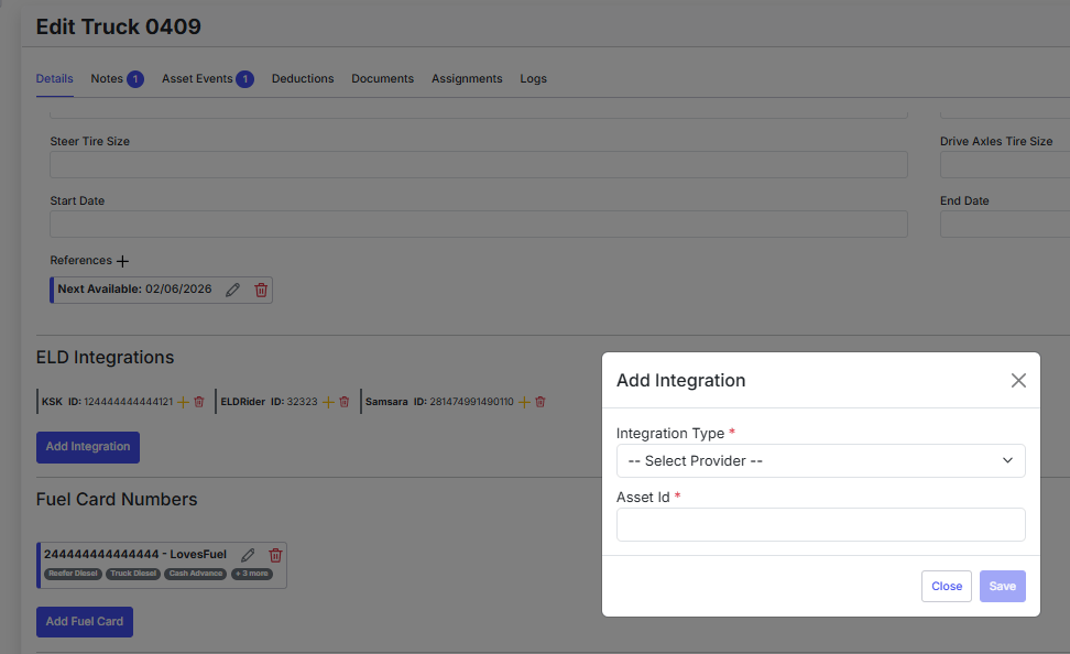 Add Integration window with GeoTab selected and Integration ID field filled