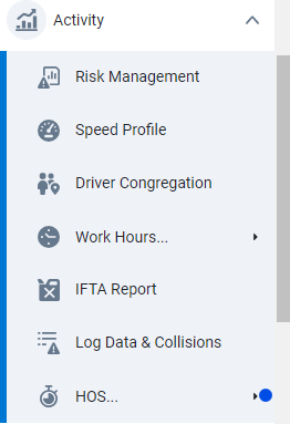 Geotab sidebar menu with Activity, HOS, Availability selected