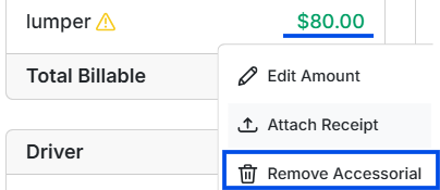 Trash icon used to remove an accessorial line item from the Money Box