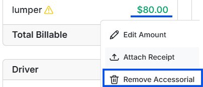 Trash icon used to remove an accessorial line item from the Money Box