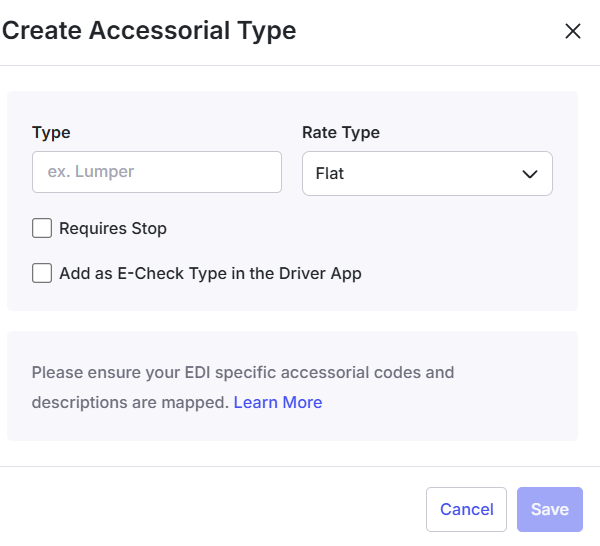 New accessorial type form with name, allowed rate types, stop required, and E-Check options
