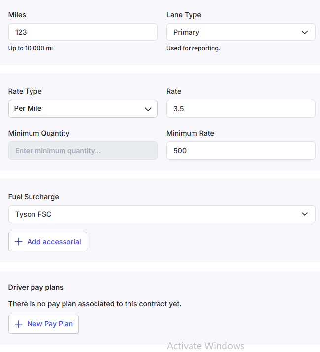 Create Contract dialog showing Miles, Lane Type, Rate Type, Fuel Surcharge, driver pay plans