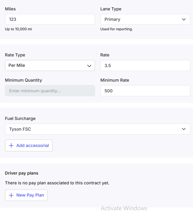 Create Contract dialog showing Miles, Lane Type, Rate Type, Fuel Surcharge, driver pay plans