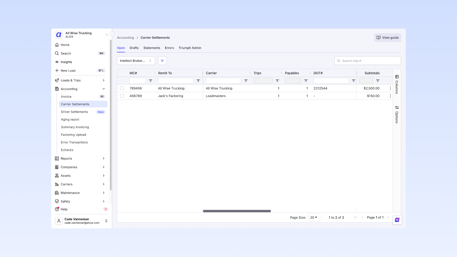 Carrier Settlements module listing unpaid carriers with unpaid trips in the Open tab