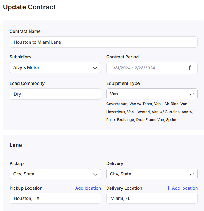 Create Contract dialog showing Contract Name, Subsidiary, Contract Period, Equipment Type, and lane