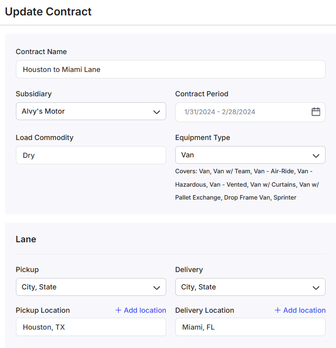 Create Contract dialog showing Contract Name, Subsidiary, Contract Period, Equipment Type, and lane