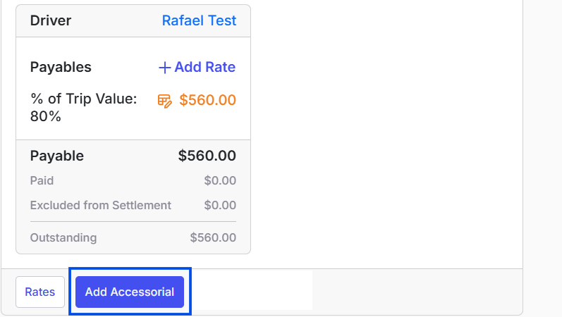 Add Accessorial button in the Money Box on the load details page