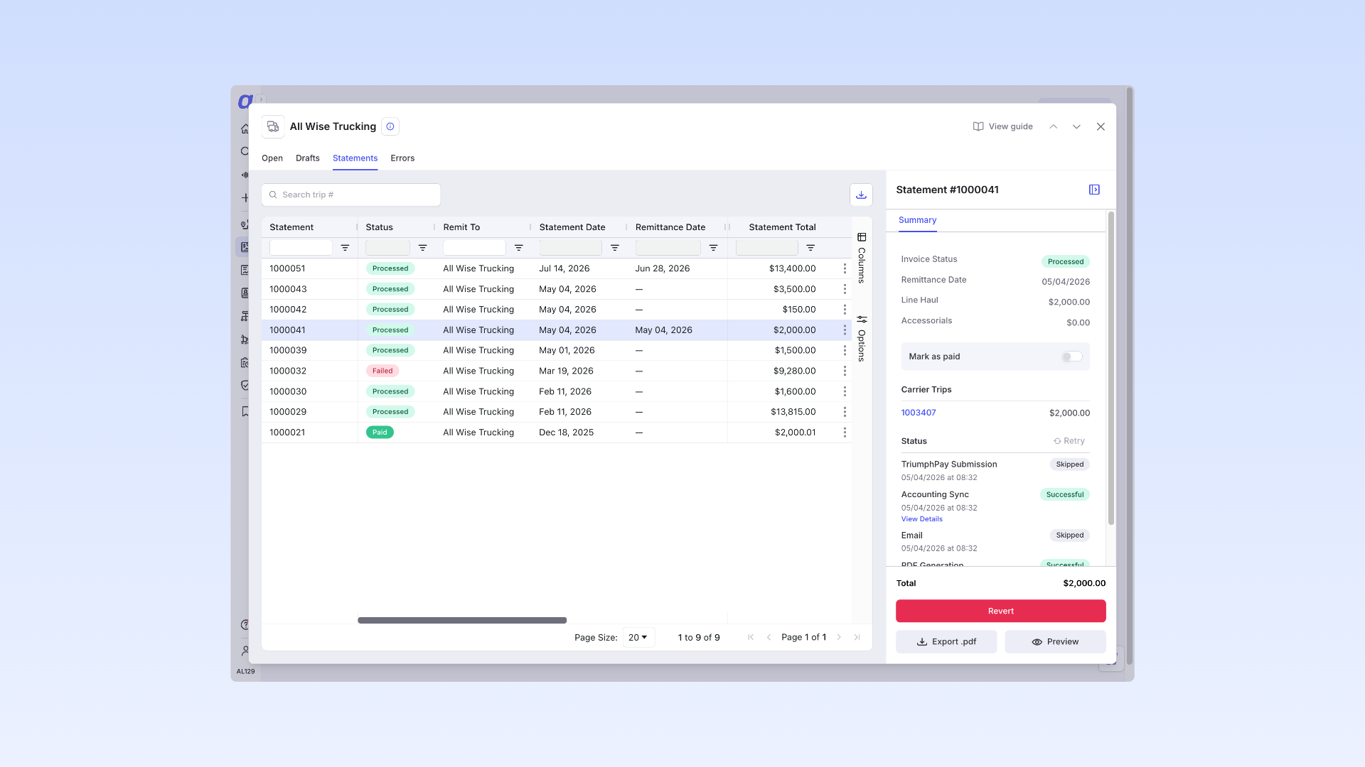 Generated statement showing the Processed badge and Successful accounting sync status